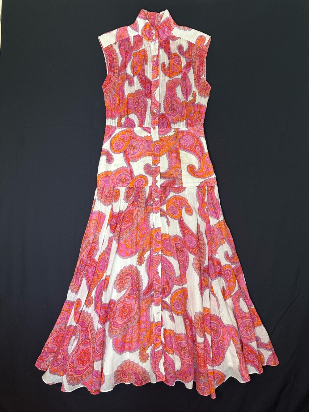 Zimmermann Pink Orange Paisley Ramie Sleeveless High Neck Midi Dress Size 2/US 8